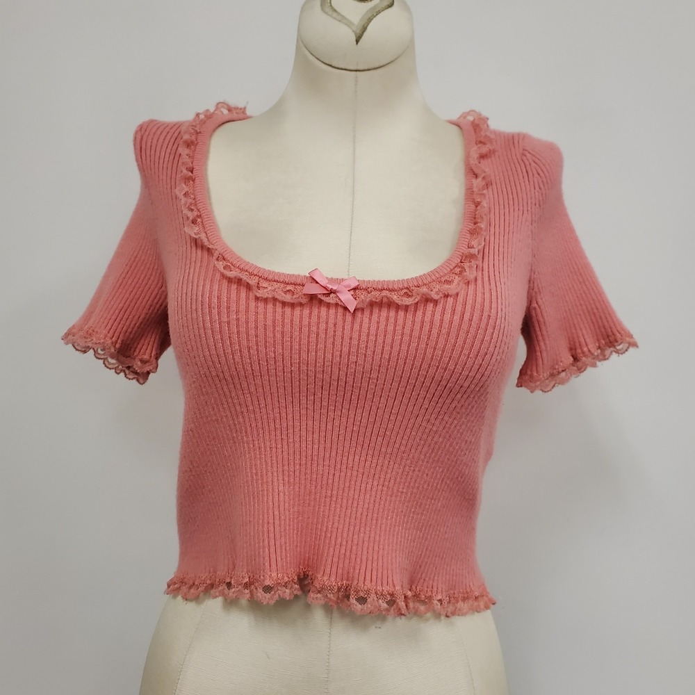 For Love & Lemons Womens Coquette Ribbed Bow Lace Trim Crop‎ Top Size XS Pink